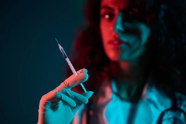 Vaccination Dark Haired Doctor Witha Syringe Hand — Stock Photo, Image