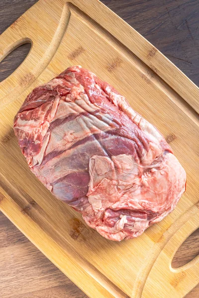 Nyers Hátszín Steak Fából Készült Asztalon Fából Készült Asztalon Felülnézet — Stock Fotó