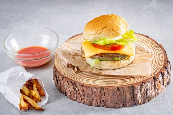 Delicious Hamburger Cheddar Cheese Wooden Log Wooden Background Fries Side — Stock Photo, Image