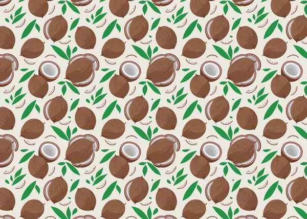 stock vector Seamless pattern with macadamia nuts. Vector illustration of half and full coconuts with leaves nature background.