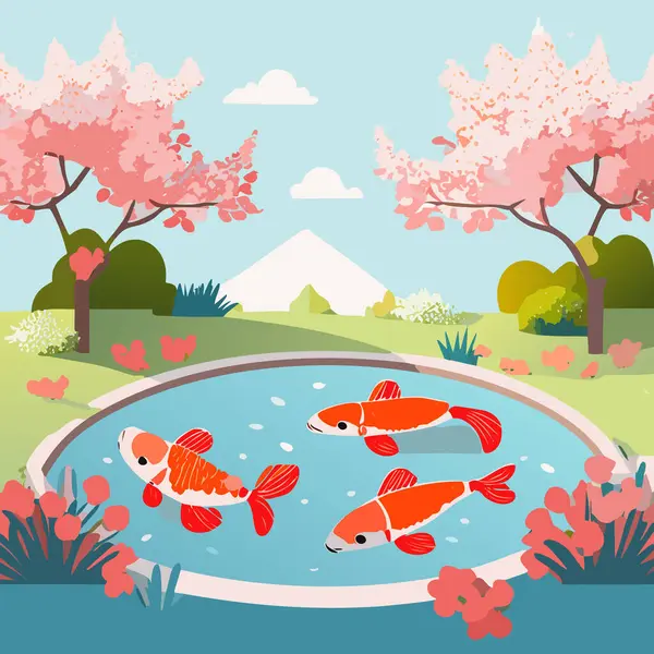 Stock vector Cherry blossoms and koi fish in the pond. Vector illustration.