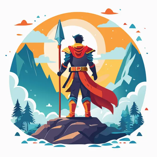 stock vector Knight superhero in the mountains. Vector illustration in flat style. Cartoon character.