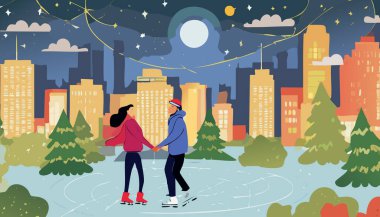 Couple skating on ice rink in the city. Vector illustration. clipart