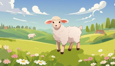 Sheep in the meadow. Cute cartoon vector illustration. clipart