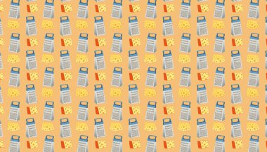 Seamless pattern with cheese and vegetable grater on orange background. Vector illustration. clipart