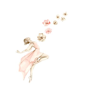 Çiçekli suluboya dansçı balerin kompozisyonu. Pembe güzel balerin. Suluboya el çizimi. Kartlar ya da posterler için kullanılabilir. İzole edilmiş beyaz bir geçmişi var. Illustartion