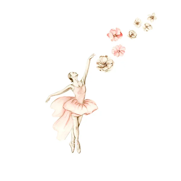Aquarel Dansende Ballerina Compositie Met Bloemen Roze Mooie Ballerina Aquarel — Stockvector