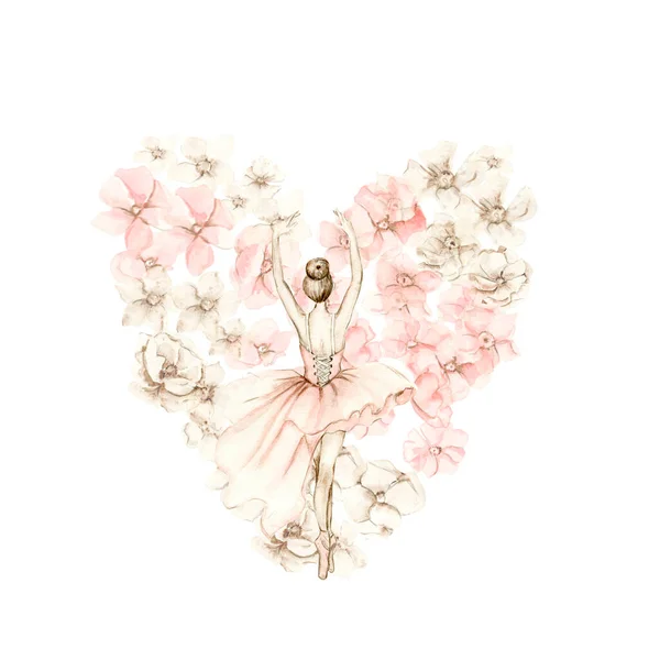 Composição Bailarina Dança Aquarela Com Flores Pink Bailarina Bonita Watercolor — Vetor de Stock