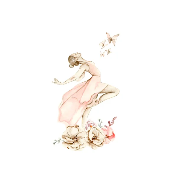 Акварель Танцевальная Балерина Композиция Цветами Розовый Довольно Балерина Рисунок Акварелью — стоковый вектор