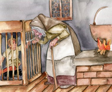 Hansel ve Gretel suluboya fantezi çizimleri. El çizimi kitap hikayesi. Çocuk masalları 