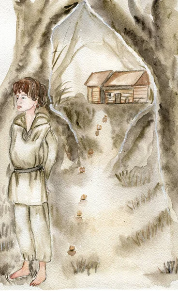 汉塞尔在森林里水彩画的幻想例证 水彩画书的故事 童话故事 — 图库照片
