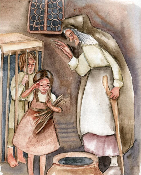 Hansel and Gretel watercolor fantasy illustration. Hand drawn book story. Children fairy tales
