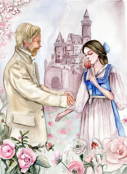 Akvarell Kézzel Rajzolt Romantikus Mese Történet Lány Vadállat Rózsa Tökéletes — Stock Fotó