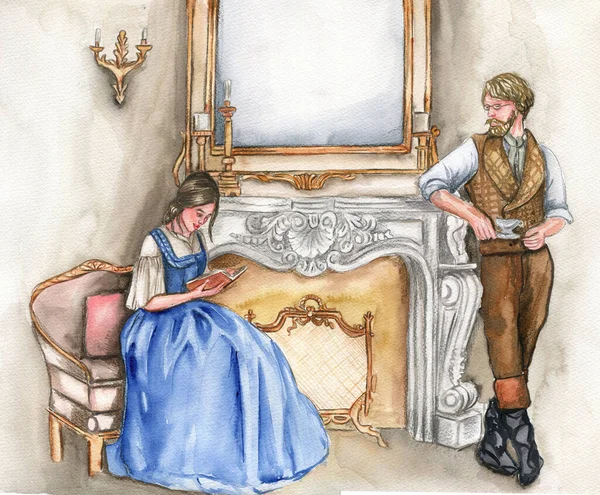 Akvarell Kézzel Rajzolt Romantikus Mese Történet Lány Vadállat Rózsa Tökéletes — Stock Fotó