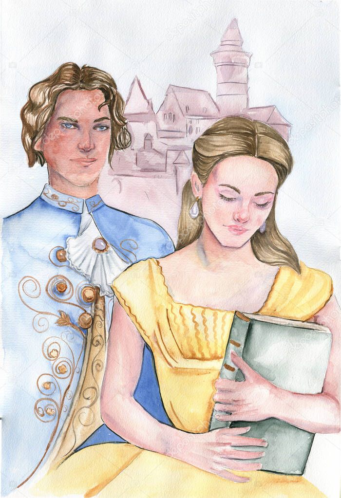 Watercolor hand drawn romantic fairy tale story with girl, the beast, rose. Perfect for wedding, invitations, blogs, template card, birthday, baby and bridal shower, logos, for greeting cards.