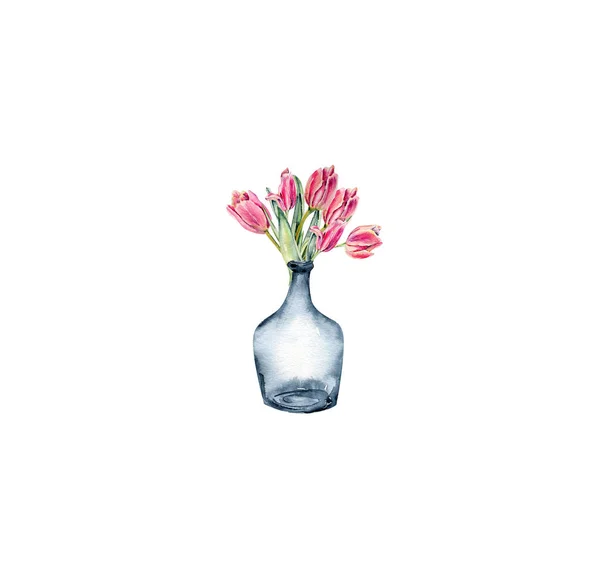 Handgezeichnete Aquarell Rosa Blüten Tulpen Einer Glasflasche Osterdekoration Ist Perfekt — Stockvektor