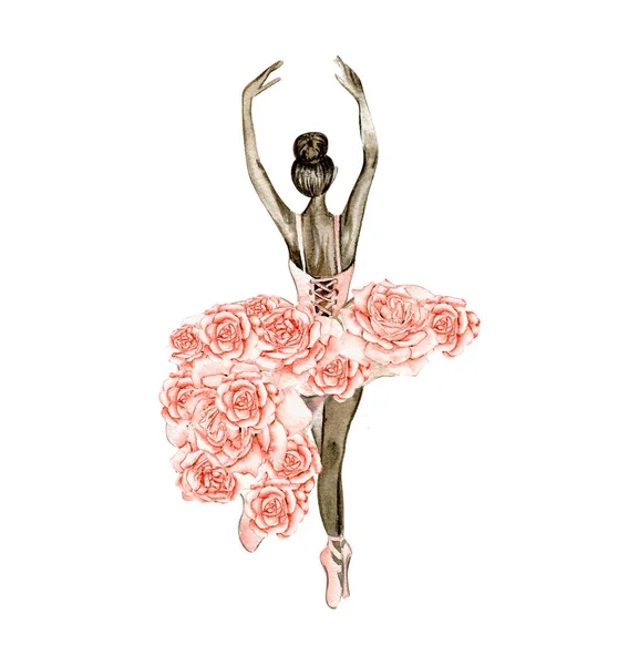 Watercolor Dancing Ballerina Composition Flowers Pink Pretty Ballerina Watercolor Hand — Stock Vector