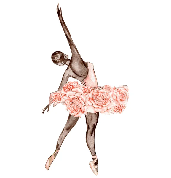 水彩舞芭蕾舞演员与花匠的作曲 粉色漂亮的芭蕾舞演员 水彩画手绘图解 可用于卡片或海报 与白色孤立的背景 说明1 — 图库矢量图片