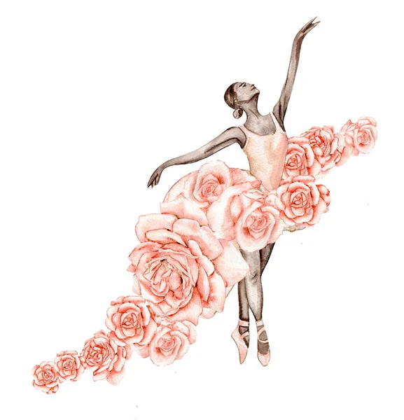 Watercolor Dancing Ballerina Composition Flowers Pink Pretty Ballerina Watercolor Hand — Stock Vector
