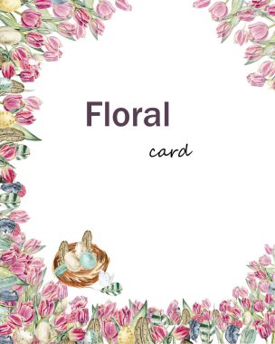 Pembe laleli el yapımı suluboya kart şablonu. Tatlı tavşanın, çiçeklerin, bitkilerin ve karşılama çerçevesinin resmi. Poster, davetiye, kartpostal, arkaplan ve albüm resimleri.