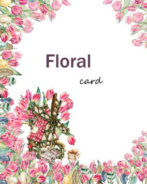 Pembe laleli el yapımı suluboya kart şablonu. Tatlı tavşanın, çiçeklerin, bitkilerin ve karşılama çerçevesinin resmi. Poster, davetiye, kartpostal, arkaplan ve albüm resimleri.