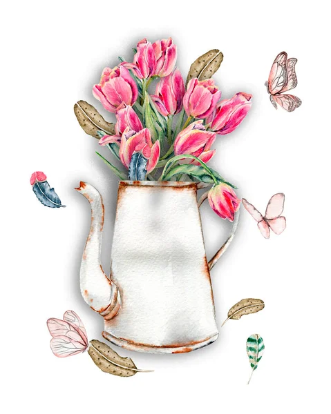 手工绘制的带有粉色郁金香的水彩卡片模板 水彩画可爱的兔子 植物和问候框 邀请函 明信片 背景和剪贴簿的图片 — 图库矢量图片