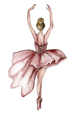 Pembe elbiseli suluboya dansçı balerin. İzole dans eden balerin. El yapımı klasik bale gösterisi, poz. Genç, güzel balerin kadın illüstrasyonu. Poster ve kartpostallar için kullanılabilir.. 