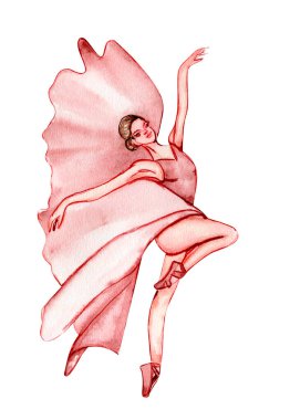 Pembe elbiseli suluboya dansçı balerin. İzole dans eden balerin. El yapımı klasik bale gösterisi, poz. Genç, güzel balerin kadın illüstrasyonu. Poster ve kartpostallar için kullanılabilir.. 