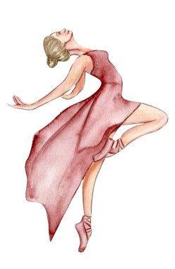 Pembe elbiseli suluboya dansçı balerin. İzole dans eden balerin. El yapımı klasik bale gösterisi, poz. Genç, güzel balerin kadın illüstrasyonu. Poster ve kartpostallar için kullanılabilir.. 