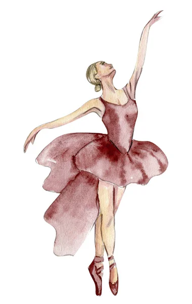 ピンクのドレスで水彩ダンスバレリーナ 孤立したダンスバレリーナ 手の古典的なバレエ公演 ポーズを描いた 若いかなりバレリーナの女性のイラスト はがきやポスターにもご利用いただけます — ストックベクタ