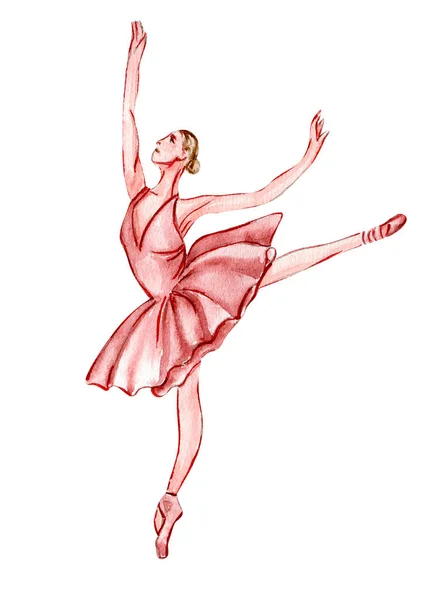 Watercolor Dancing Ballerina Pink Dress Isolated Dancing Ballerina Hand Drawn — Stock Vector