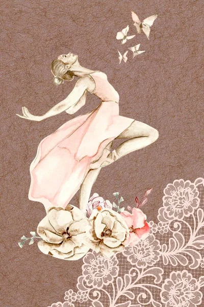 Modelo Cartão Aquarela Desenhado Mão Bailarina Dançante Com Flor Renda — Fotografia de Stock