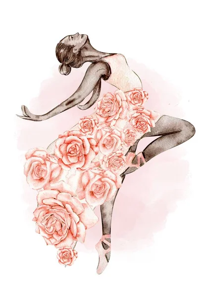 Plantilla Tarjeta Acuarela Dibujada Mano Bailarina Bailando Con Flor Encaje —  Fotos de Stock