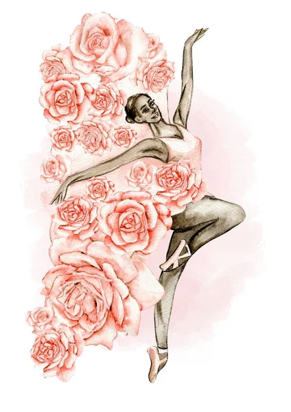 Plantilla Tarjeta Acuarela Dibujada Mano Bailarina Bailando Con Flor Encaje —  Fotos de Stock