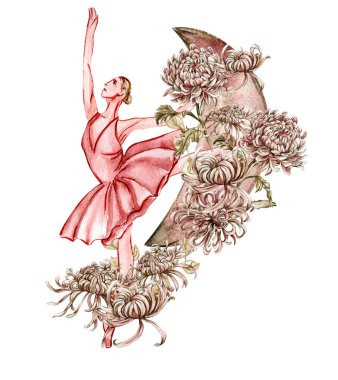 Çiçekler ve ay ile suluboya dans eden pembe güzel balerin. Suluboya el çizimi çizimi. Kartlar ya da posterler için kullanılabilir. İzole edilmiş beyaz bir geçmişi var. Genç, güzel balerin kadınlar..