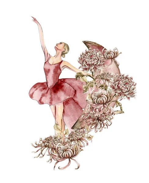 水彩舞粉红美丽的芭蕾舞演员与花朵和月亮 水彩画手绘插图 可用于卡片或海报 与白色孤立的背景 年轻漂亮的芭蕾舞女 — 图库矢量图片