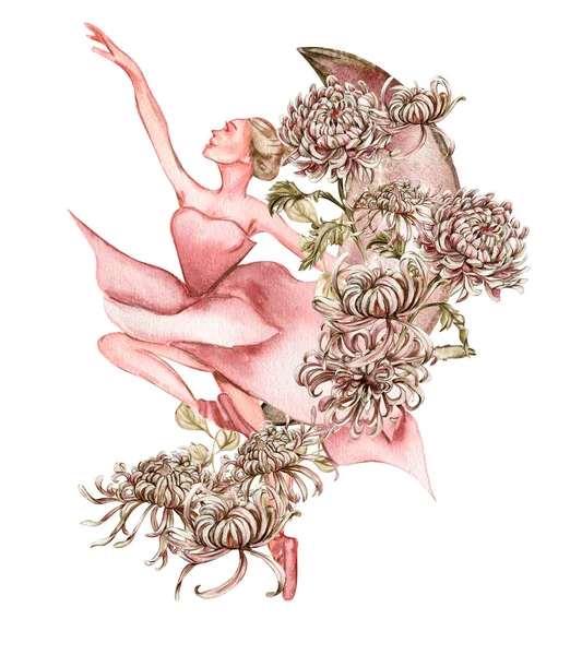 水彩舞粉红美丽的芭蕾舞演员与花朵和月亮 水彩画手绘插图 可用于卡片或海报 与白色孤立的背景 年轻漂亮的芭蕾舞女 — 图库矢量图片