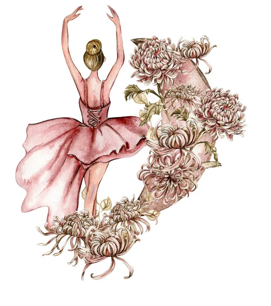 Bailarina Baile Acuarela Rosa Bonita Con Flores Luna Acuarela Ilustración — Archivo Imágenes Vectoriales