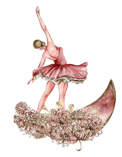 Bailarina Baile Acuarela Rosa Bonita Con Flores Luna Acuarela Ilustración — Archivo Imágenes Vectoriales