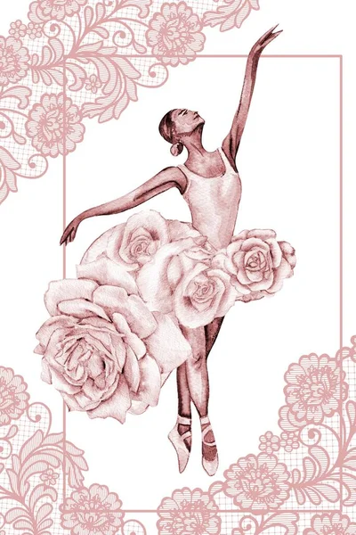 Modelo Cartão Aquarela Desenhado Mão Bailarina Dançante Com Flor Renda — Fotografia de Stock