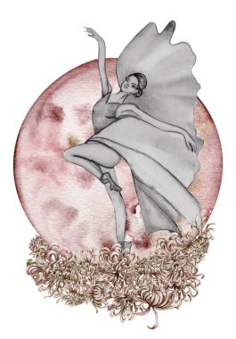 Çiçekler ve ay ile suluboya dans eden pembe güzel balerin. Suluboya el çizimi çizimi. Kartlar ya da posterler için kullanılabilir. İzole edilmiş beyaz bir geçmişi var. Genç, güzel balerin kadınlar..