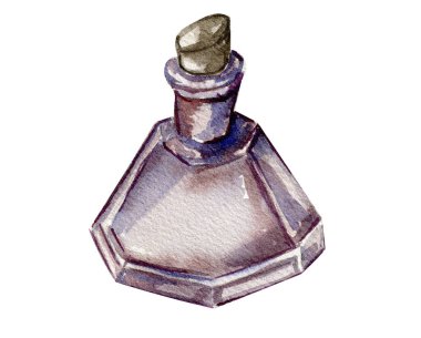 Watercolor illustration of an old glass bottles with perfume. An old rusty enamel element. Hand-drawn in watercolour on a white background. Perfect for wedding invitation, greetings card, posters.