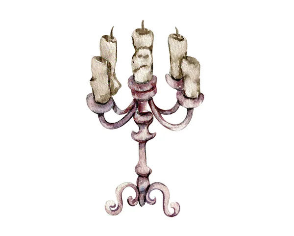 Watercolor Illustration Old Metallic Andelabrum Candle Old Rusty Enamel Element —  Vetores de Stock