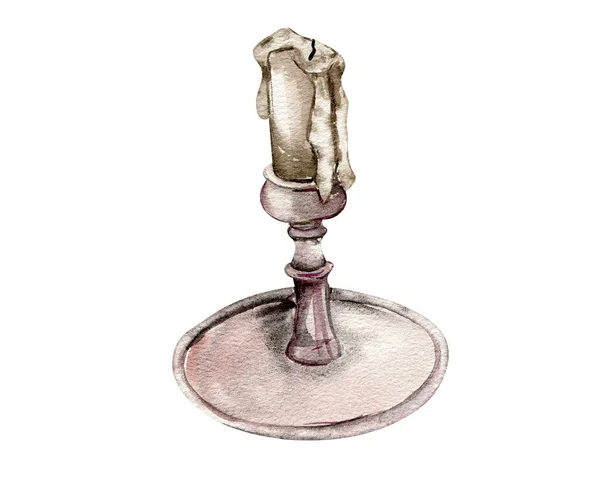 Акварельная Иллюстрация Старого Металлического Анделабрума Свечой Рисунок Акварелью Белом Фоне — стоковый вектор