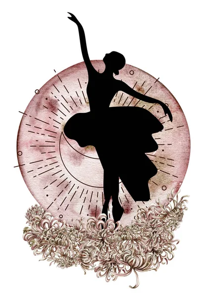 水彩舞粉红美丽的芭蕾舞演员与花朵和月亮 水彩画手绘插图 可用于卡片或海报 与白色孤立的背景 年轻漂亮的芭蕾舞女 — 图库照片