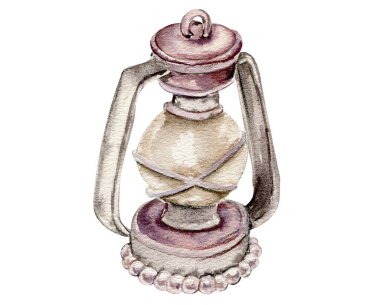 Watercolor illustration of an old pink outdoor lamp with pearl . An old rusty enamel element. Hand-drawn in watercolour on a white background. Perfect for wedding invitation, greetings card, posters.