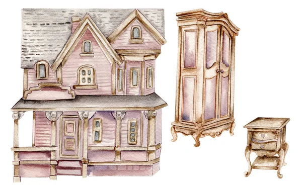 Watercolor Illustration Old Wooden Furniture House Old Rusty Enamel Element — Stock Photo, Image