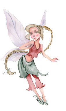 Watercolor cartoon fairy with magic wings. Watercolor hand draw fairy tale illustration. Illustartion with white isolated background. Perfect for greeting card, poster, wedding invitation, party decor