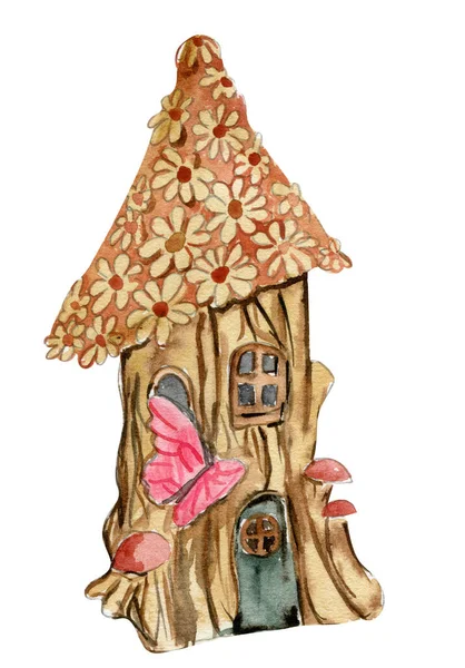 Watercolor Cartoon House Wooden Door Fairy Cute Hand Painted Fairy — Διανυσματικό Αρχείο