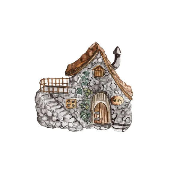 Watercolor Cartoon House Wooden Door Fairy Cute Hand Painted Fairy — Διανυσματικό Αρχείο